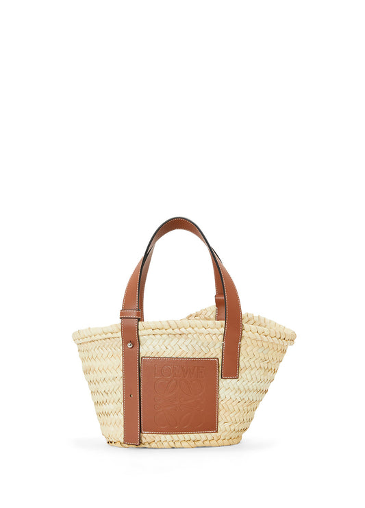 Loewe Small Basket Bag In Palm Leaf And Calfskin Natural/Tan