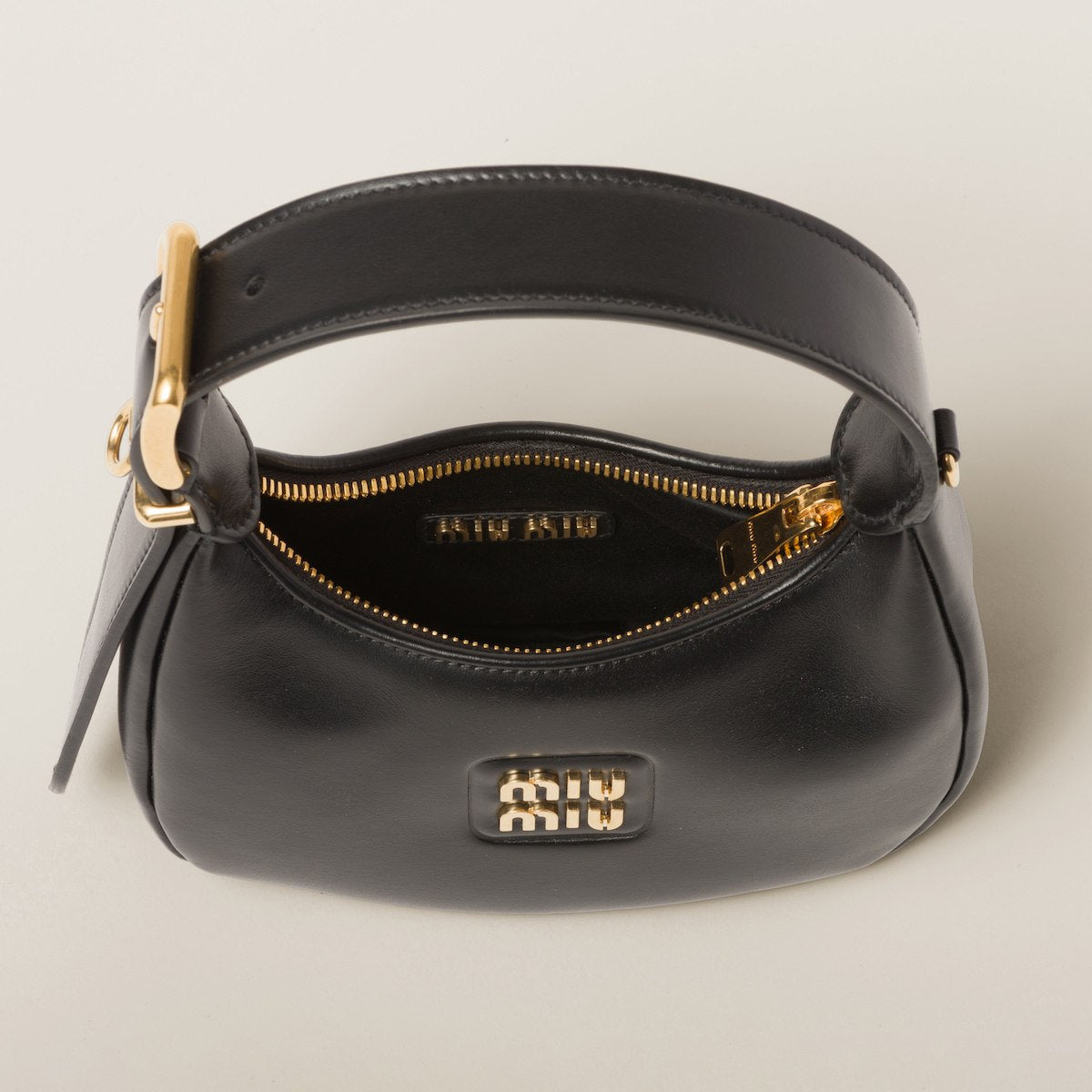 Miu Leather Mini Hobo Bag Black