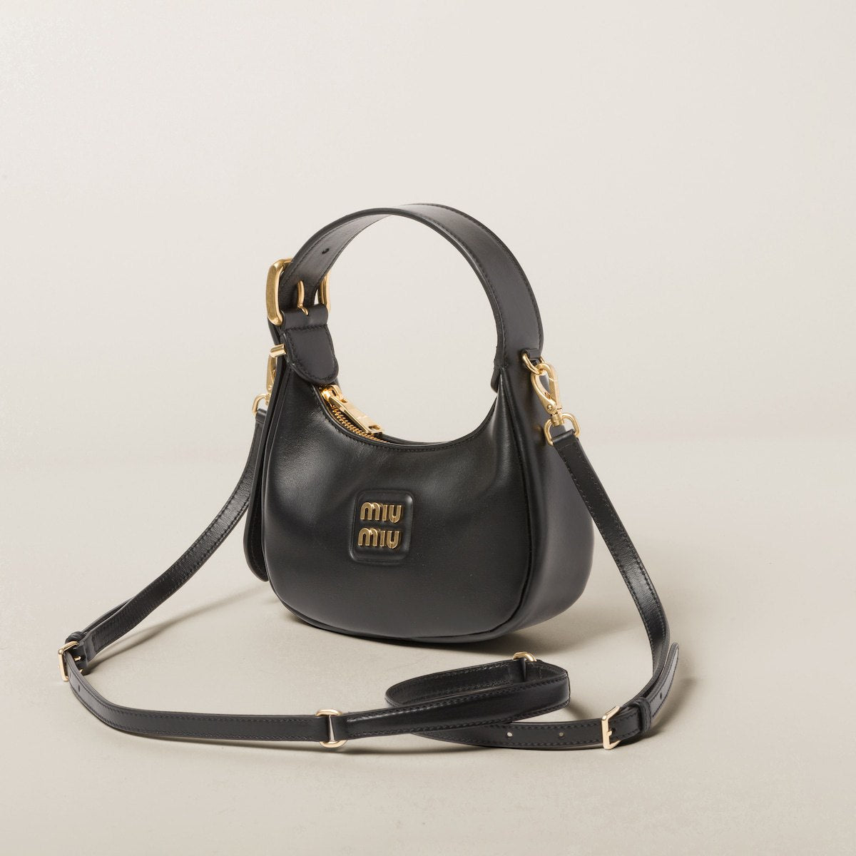 Miu Leather Mini Hobo Bag Black